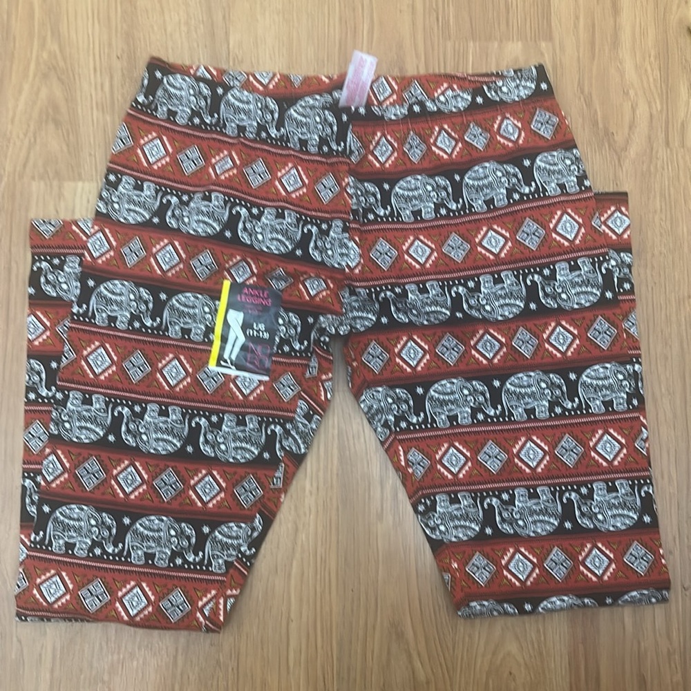 NEW Elephant Print ankle leggings in Black and Orange Juniors Size L (11-13)